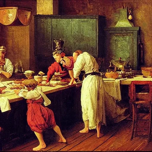 Image similar to Dramatic renaissance scene of cooking in the kitchen, by Greg Rutkowksi and Ilya Repin