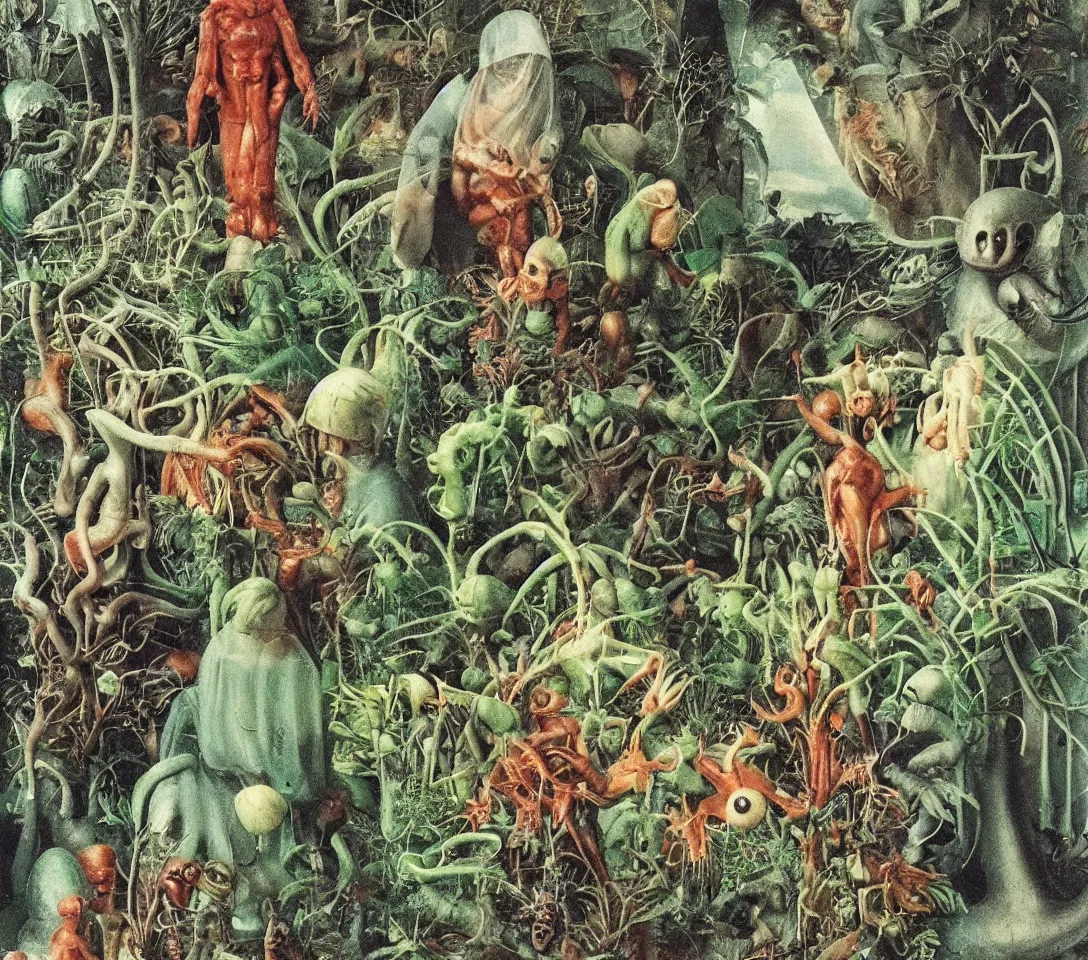 Image similar to 3 5 mm photography, kodachrome of grandparents with alien, creatures and alien plants inspired by bosch but in the real life