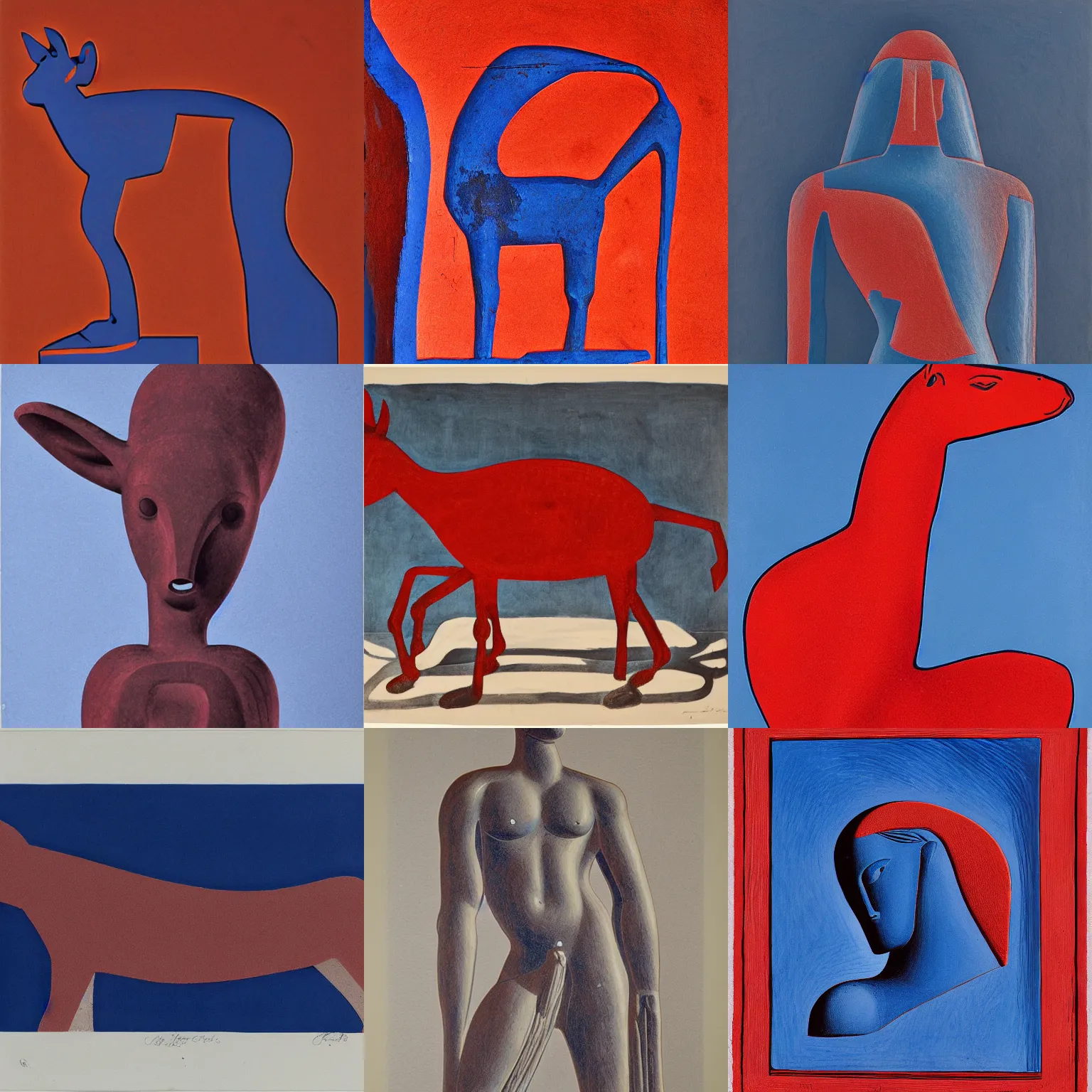 Prompt: lithograph of donkey cycladic sculpture, red iron oxide and ultramarine blue