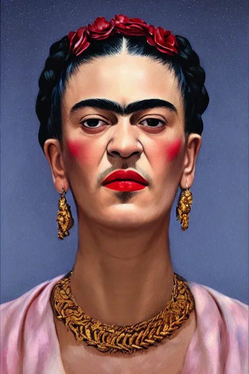 Prompt: portrait of frida kahlo wearing high fashion, staring directly into camera, intricate, elegant, glowing lights, highly detailed, digital painting, artstation, sharp focus, illustration, art by wlop, mars ravelo and greg rutkowski