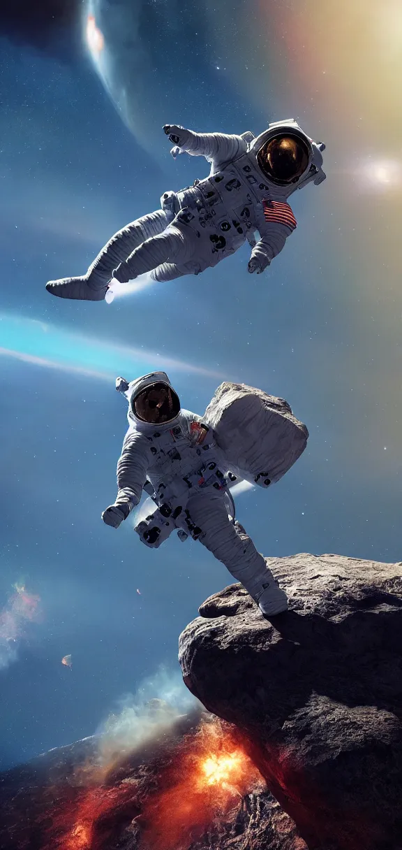 Image similar to photo of 8k ultra realistic astronaut riding an asteroid, nasa, clear sky, full of colour, cinematic lighting, battered, trending on artstation, 4k, hyperrealistic, focused, extreme details,unreal engine 5, cinematic, masterpiece, art by John Harris