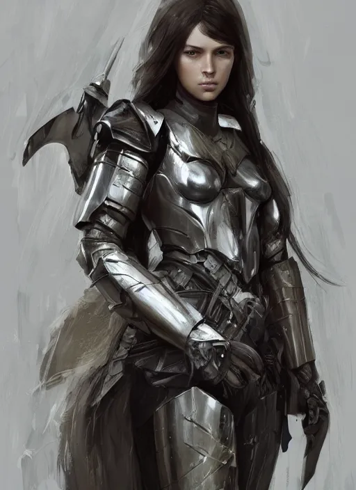 Image similar to a professional photographic portrait of a beautiful young girl, clothed in battle armor, exposed waist, olive skin, long dark hair, beautiful bone structure, symmetrical facial features, intricate, elegant, digital painting, concept art, smooth, sharp focus, illustration, beautifully framed, from Metal Gear, by Ruan Jia and Mandy Jurgens and Artgerm and William-Adolphe Bouguerea