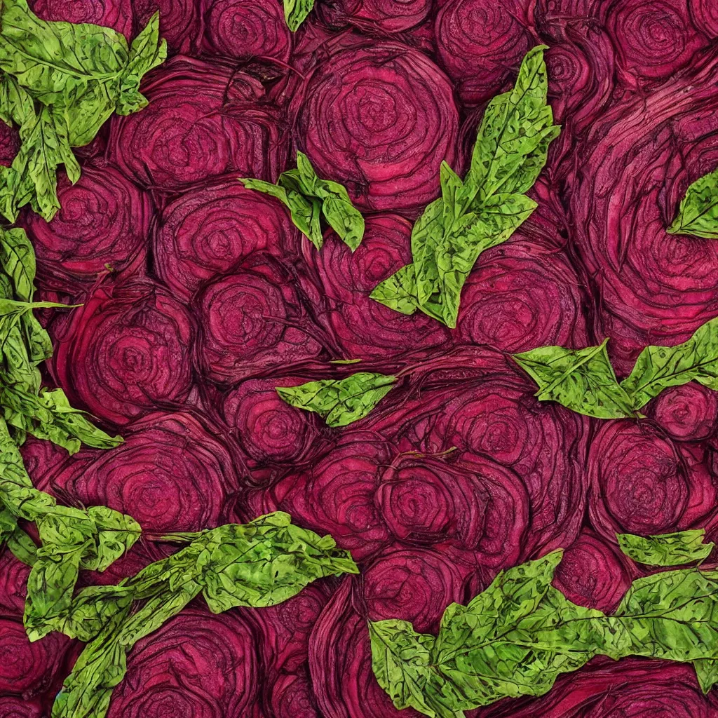Image similar to large spiral of giant cut beetroots, with embroidered leaves and fractal roots, over vivid dark wood table, food photography. super detailed. masterpiece