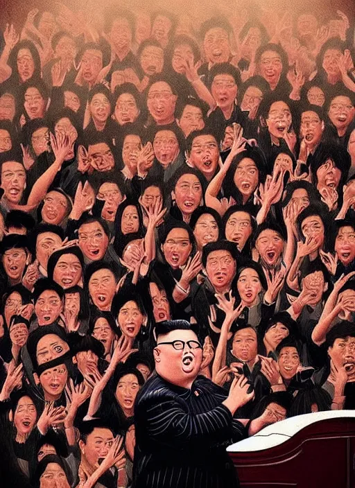 Prompt: “Kim Jong-Un with long black woman hair on a concert stage singing with a death metal band. Crowd of people watching. Spotlights, smoke. Artstation.”