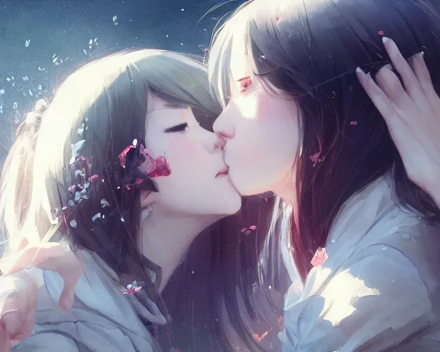 Image similar to two beautiful girls kissing, sharp details, sharp focus, elegant, highly detailed, illustration, by jordan grimmer and greg rutkowski and pine ( ハイネ ) and 薯 子 imoko and 香 川 悠 作 and wlop and maya takamura, intricate, beautiful, trending artstation, pixiv, digital art