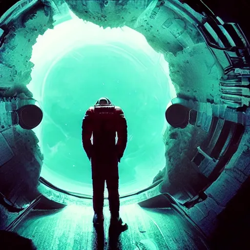 Image similar to ultra realistic, astronaut standing inside of an eerie space cathedral surrounded by cultists, there’s a large obsidian vortex floating above, black and red background, occult, photo realistic, dark atmosphere