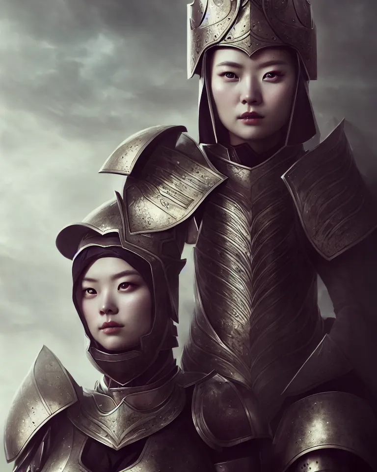 Image similar to epic portrait of female brianne yi in plate armour by cleavanger and elvgren epic awesome gorgeous symmetrical perfect octane vfx maya render realistic
