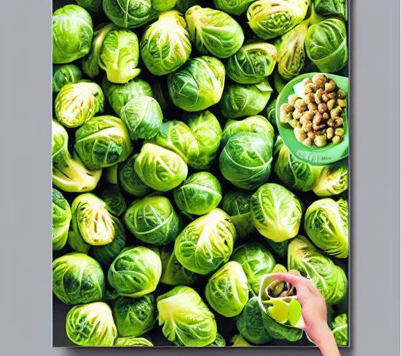 Image similar to full body promotional poster for a new cereal box made from brussel sprouts,