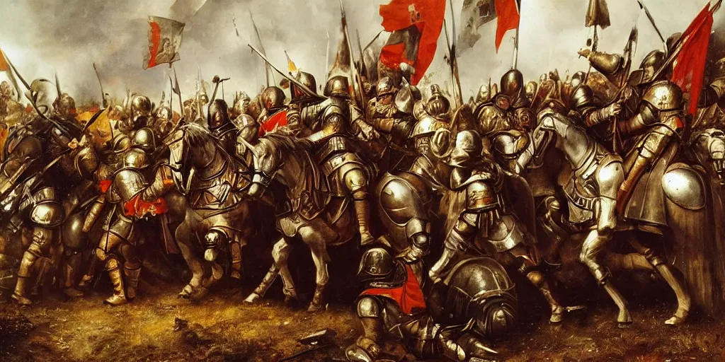 Prompt: teutonic knights victorious in the battle of grunwald, painted by jan matejko and grzegorz rutkowski. oil on canvas, sharp focus, cinematic atmosphere, detailed and intricate, perfect anatomy, detailed and intricate environment and characters