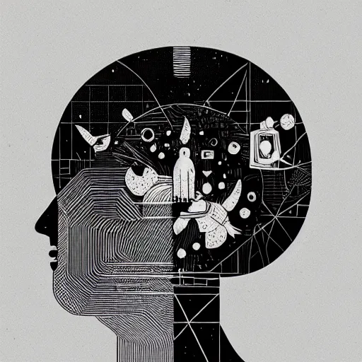 Image similar to a wandering mind, logo, simple white background victo ngai, kilian eng, black and white