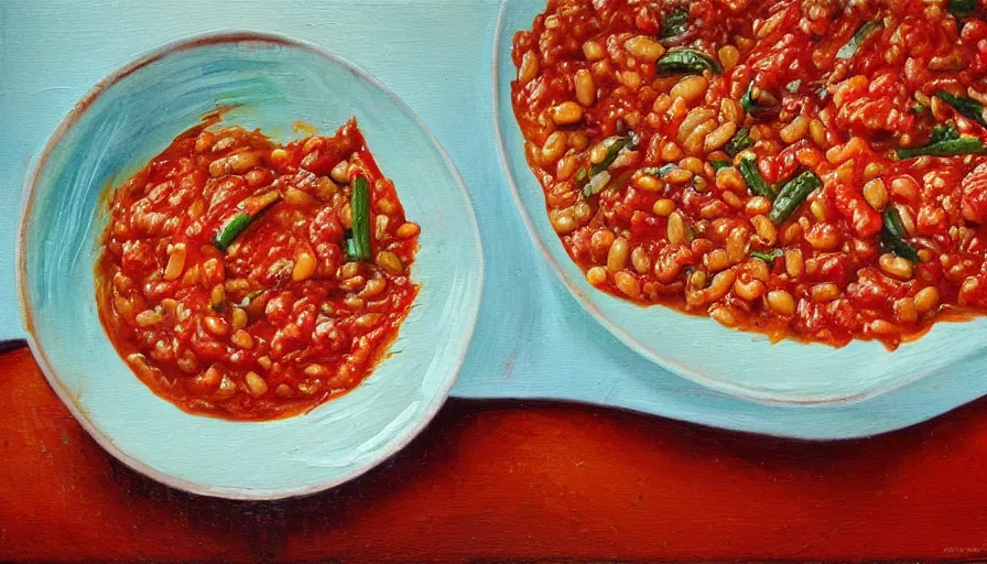 Prompt: an oil painting of rice and tomato sauce with beans and vegetables, dramatic light, establishing shot