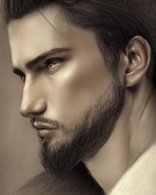 Image similar to pencil drawing of beautiful russian man, hyper realistic face, in the style of greg rutkowski, fantasy, amazing detail, epic, elegant, smooth, sharp focus, from the front