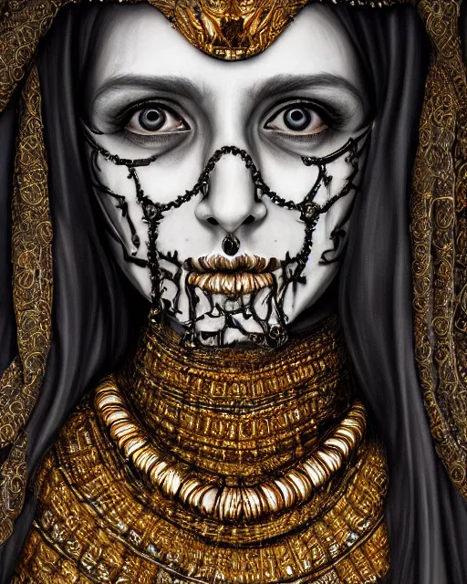 Image similar to realistic portrait of a queen of bones, dark, gold, silver ornaments, facing camera, photo realistic, detailed, 1 4 5 0, delicate, hyper realism, ultra realistic, 8 k