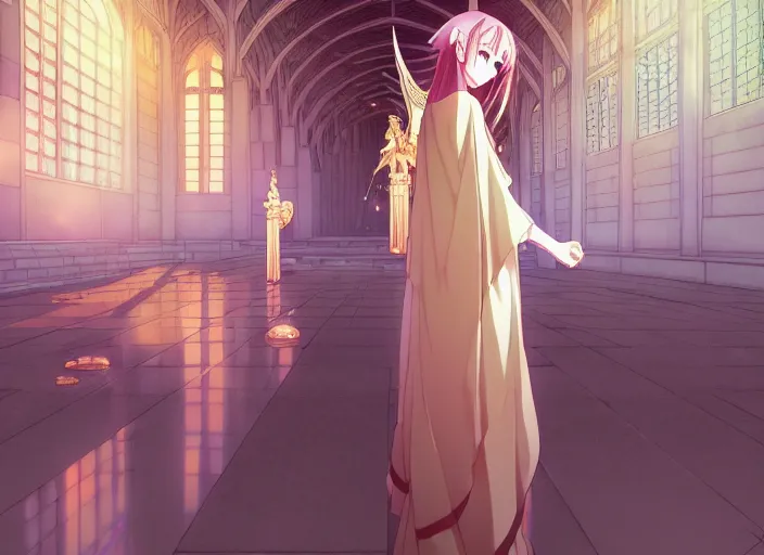 Prompt: anime priestess stranding in a grand temple, Karolis Strautniekas,omoide emanon, tsuruta kenji, murata range,kawaii, kyoto animation, manga, intricate, detailed, pixiv, artstation, studio lighting, gradation,editorial illustration, matte print, Ilya Kuvshinov