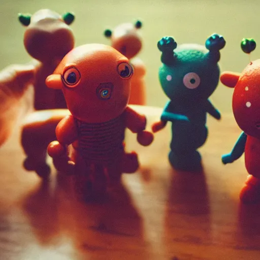 Image similar to a 35mm photo of adorable little toy monsters holding a meeting