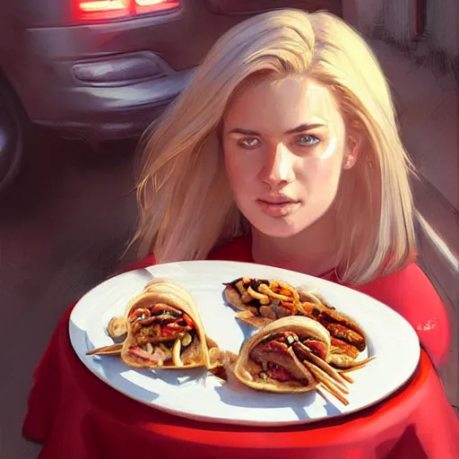 Image similar to portrait of a blonde chubby woman eating kebab, light stubble with red shirt ,digital art,photorealistoc,art by greg rutkowski,hyperdetailed,western comic style,comic,comic style,sharp lineart,professional lighting,deviantart,artstation,trevor henderson,rossdtaws,cinematic,dramatic