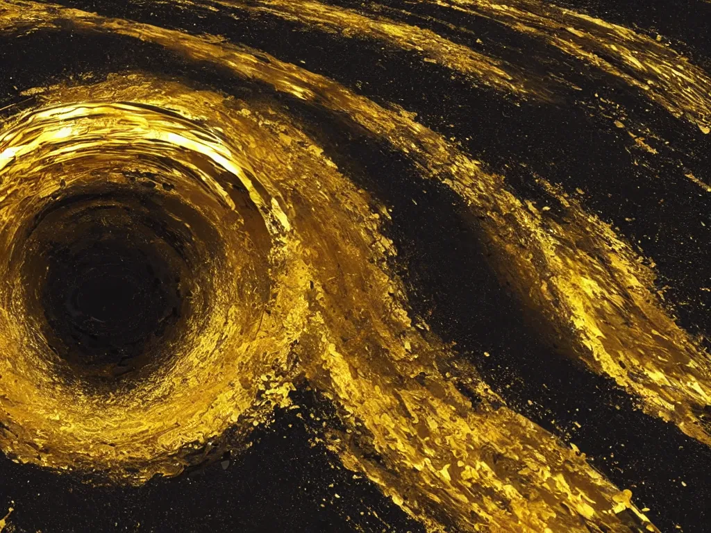 Image similar to a stream of fluid gold swirling into a black whole, wide angle perspective, 8 k, hyperrealism, 3 d animation, big depth of field