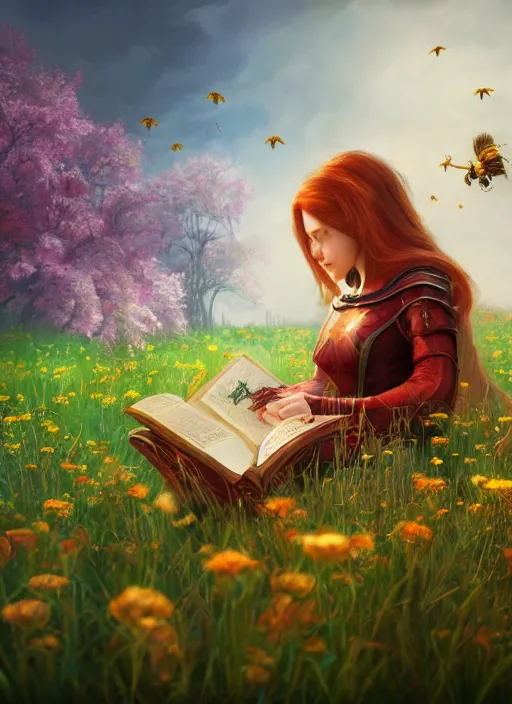 Image similar to An epic fantasy comic book style portrait painting of a young red headed girl reading a book in a field of flowers surrounded by bees in the style of the wheel of time, unreal 5, DAZ, hyperrealistic, octane render, cosplay, RPG portrait, dynamic lighting
