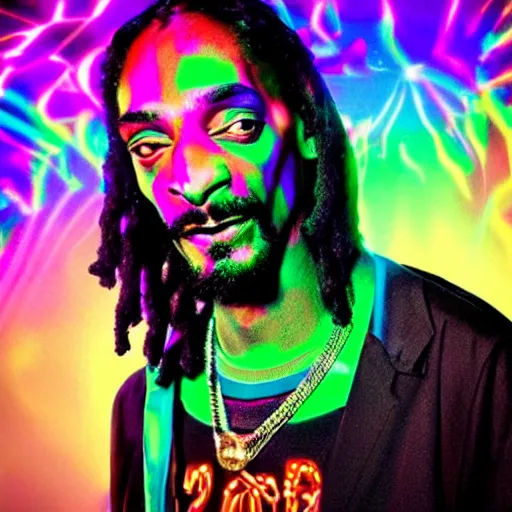 Image similar to psychedelic snoop dogg with luminous scars, lasers and neon and a halo of light