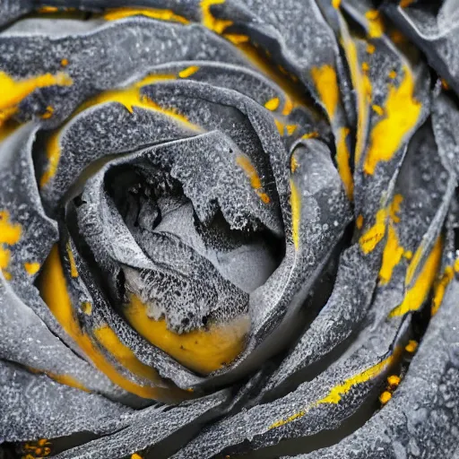 Image similar to award - winning macro of a beautiful black rose made of glowing molten magma