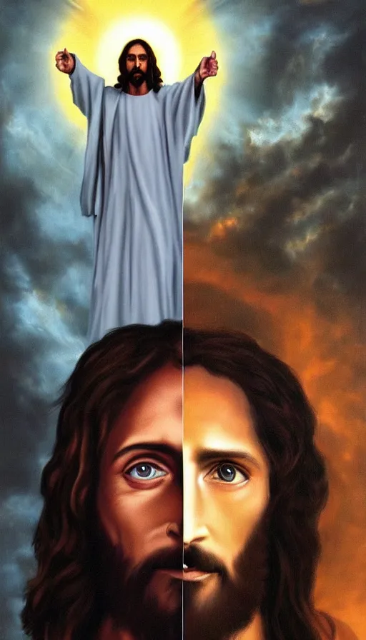 Image similar to jesus black and devil figth foto realism