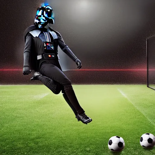 Image similar to a game of soccer with darth vader kicking the ball, highly detailed, extremely high quality, hd, 4 k, 8 k, canon 3 0 0 mm, professional photographer, 4 0 mp, lifelike, top - rated, award winning, realistic, detailed lighting, detailed shadows, sharp, no blur, edited, corrected, trending