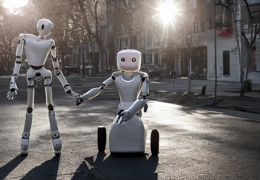 Image similar to a calming photograph of a slender, humanoid robot caresses a beautiful human woman in the face, large shot, wide shot, in a street, sunset photo