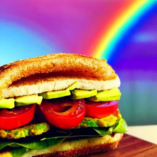 Prompt: sandwich with fried tofu, also one tomato slice, two onion rings, avocado and cheddar, over a dish and over a table, outside with a sunsed and rainbow in the background with saturn and stars in the sky, amazing light