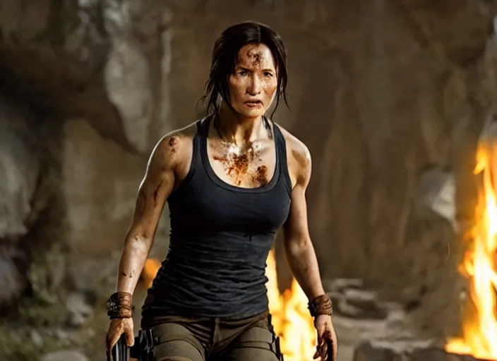 Image similar to film still of!!!! jackie chan jackie chan jackie chan!!! as lara croft in new tomb raider movie, 8 k