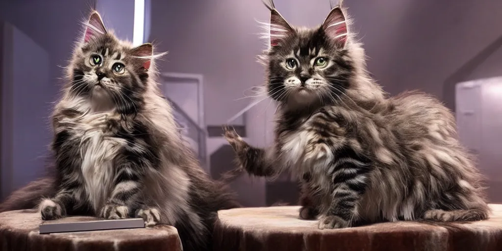 Image similar to a 3 d rendered movie still a of maine coon robotic kitten has become a cat scanner. cyberpunk cat tree. science fiction blockbuster movie from the future, imax 7 0 mm. style of mandalorian ( american space western television series )