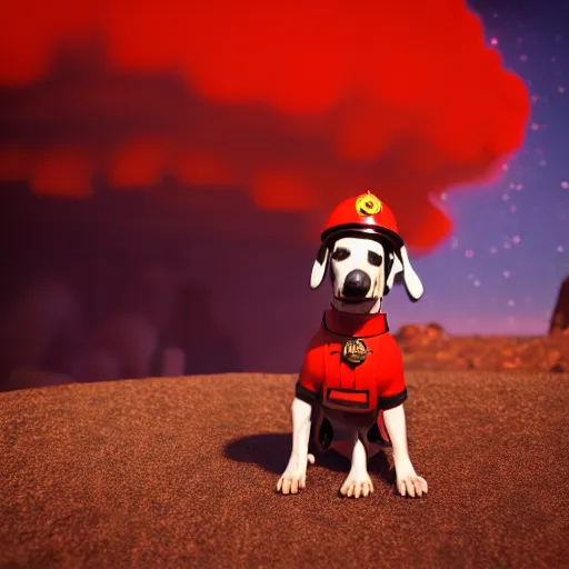 Prompt: fire dog dalmatian, 3 d model, unreal engine, red uniform, badge on collar, fire helmet, 4 k, pixar style, dreamworks style, artstation, octane render, nebula, clouds, starry sky