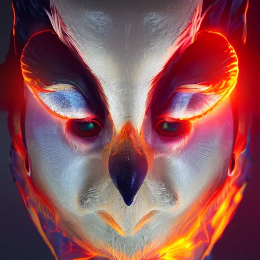 Image similar to fire owl, half body portrait, the spirit of fire, with red neon flashes around head, softlight, octane render, highly detailed, realistic, 8 k, trending on artstation, 3 d cartoon style