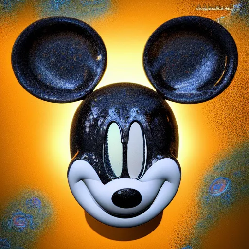 Image similar to counterfeit mickey mouse head, fractal, broken, psychedelic, wet, mycelium, radiant alien, rococo, baroque, automotive, bio-mechanical, porcelain, iridescent, sub surface scattering, octane render