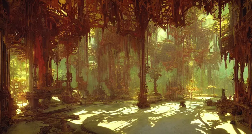 Prompt: treehouse interior hall, intricate, elegant, highly detailed, vivid colors, john harris, frazetta, tyrus wong, ruan jia, jeffrey catherine jones