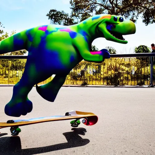 Prompt: photo of barney the dinosaur skateboarding