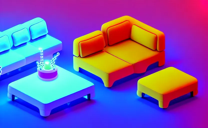 Image similar to isometric object is a low poly isometric sofa with alien aesthetic inspired by pandora in the avatar movie, it has bioluminescent plants growing on top of it, beautiful neon orange - yellow with blue hints and it's bedecked with some sparkling crystals all over the place. black background, night isometric artstation neon. behance, pinterest