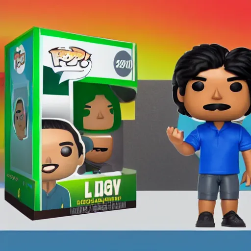 Prompt: a 30 year old skinny brown skinned programmer guy with no beard and thick black hair on top, short on sides, in a dark green polo shirt, blue jeans and grey sneakers funko pop close up highly detailed photo