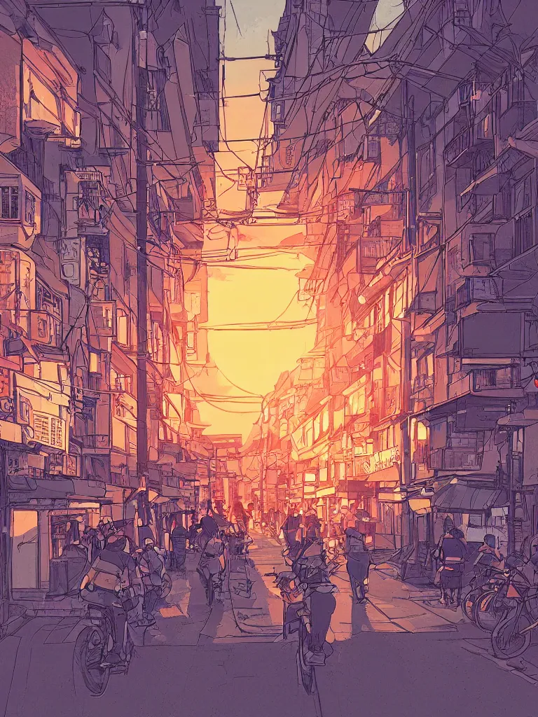 Image similar to a digital art of a close up view of a japanese street, sunset, bikes and pedestrians, by laurie greasley, artstation, studio ghibli color scheme