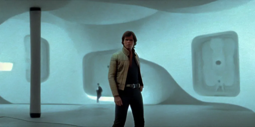 Prompt: screenshot of portrait Han Solo standing in an surreal light green 70s round minimalist architecture, on a planet of maelstrom, chaos, the world without form and void, 1970s film by Stanley Kubrick, iconic scene, HR Geiger design, stunning cinematography, octane render, hyper-detailed, sharp, anamorphic lenses, kodak color, 4k, stunning