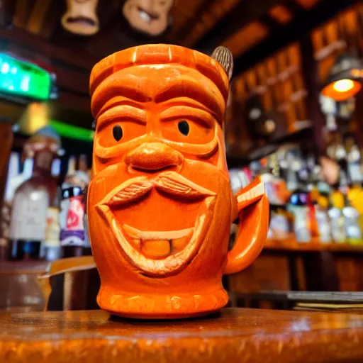 Image similar to a closeup photorealistic photograph of an orange cat garfield style tiki mug sitting at a trader vic's bar with garfield's face on the front. tiki party. bright scene. fine detail. this 4 k hd image is trending on artstation, featured on behance, well - rendered, extra crisp, features intricate detail, epic composition and the style of unreal engine.