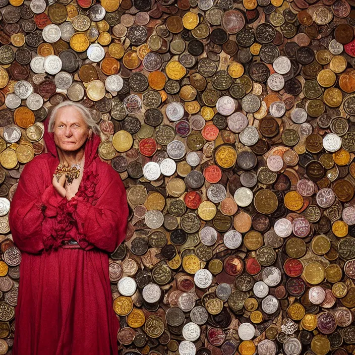 Image similar to closeup portrait of a woman wearing a cloak made of coins and flowers, standing in hell, by Annie Leibovitz and Steve McCurry, natural light, detailed face, CANON Eos C300, ƒ1.8, 35mm, 8K, medium-format print