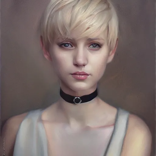 Prompt: portrait of a woman, blonde, short hair, choker, by mandy jurgens