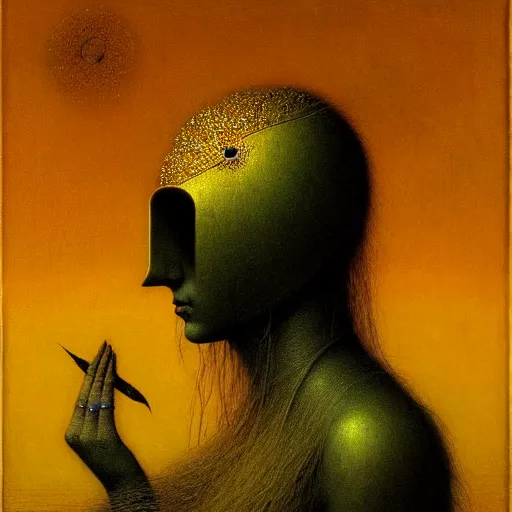 Image similar to portrait of ethereal young crow princess in golden armour by Beksinski