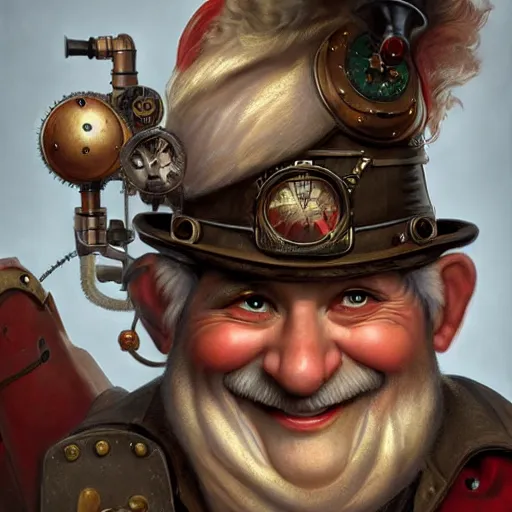 Prompt: 1800's vintage portrait of a grinning steampunk male gnome with big red nose, highly detailed, digital painting, art by Stanley Lau and Artgerm and magali villeneuve and Alphonse Mucha, artstation, octane render, cgsociety