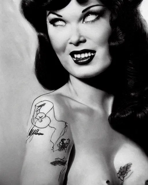 Prompt: closeup dream photo of a beautiful bettie page with long dark wind blown hair and tattoos in a photo studio, rim lighting, glamour pose, hyper realistic, concept art, intricate, hyper detailed, smooth, ambient volumetric lighting, high contrast, pinup, vibrant, hd, octane, gil elvgren, arney freytag, alberto vargas, 1 9 4 5