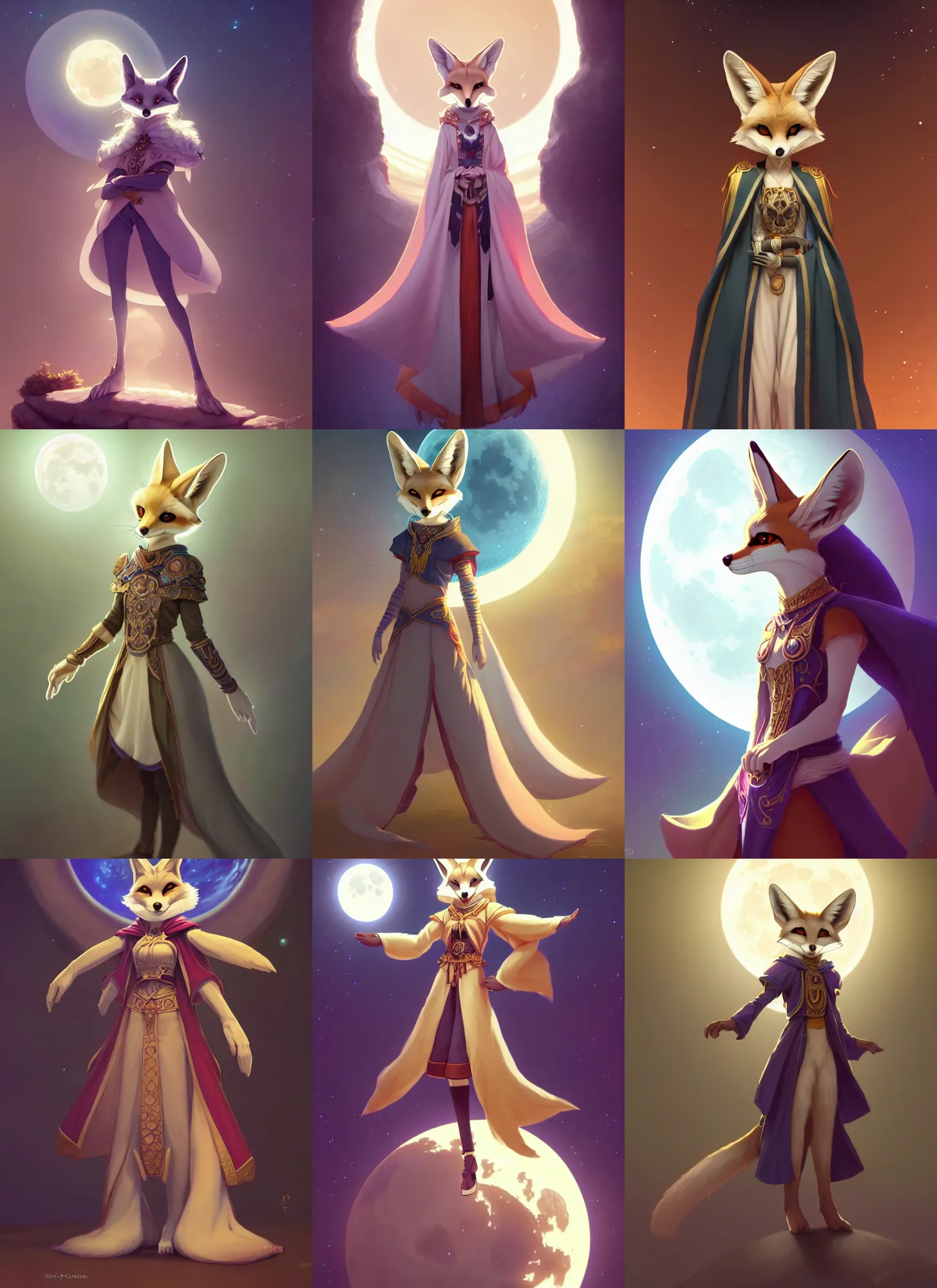 Prompt: wide angle beautiful full body portrait of a strong female anthropomorphic anthro fennec fursona wearing ornate sorcerer robes in a moon tower. character design by disney, anime, manga, charlie bowater, ross tran, artgerm, and makoto shinkai, detailed, soft lighting, rendered in octane