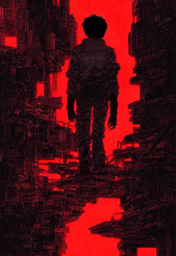 Prompt: kaneda from akira, silhouetted by a black sun | anime, matte painting, dystopian megacity neo - tokyo akira, shaded perfect, fine details. realistic shaded lighting anime manga artwork by katsuhiro otomo, akira, artgerm, jeremy lipkin and michael garmash and rob rey