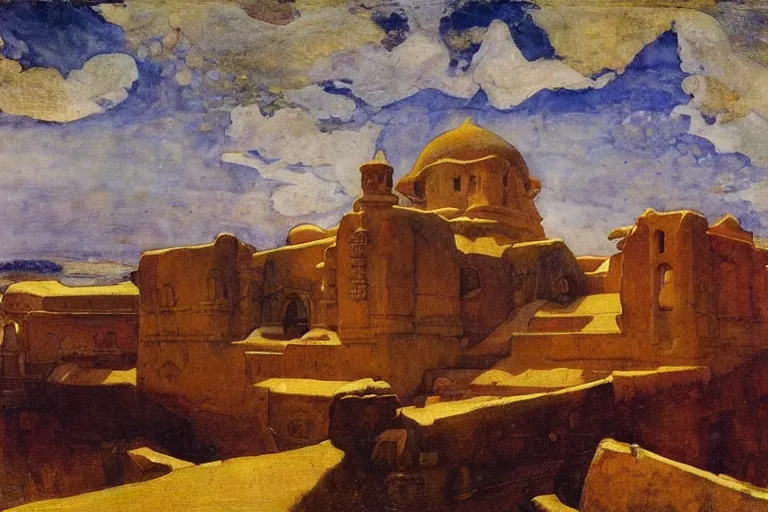 Image similar to ancient city by the sea by Annie Swynnerton and Nicholas Roerich, strong dramatic cinematic lighting , ornate architecture, lost civilizations, smooth, sharp focus, extremely detailed