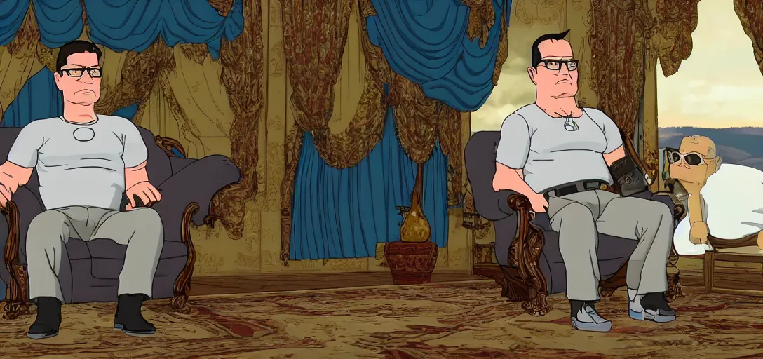 Image similar to hank hill sitting on a throne of propane, beautiful, ornate, 8 k, movie still