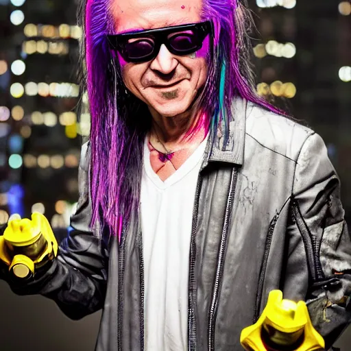 Image similar to David Shing is an electrical wizard in cyberpunk utopia, by Rob McCall, detailed facial features, smile